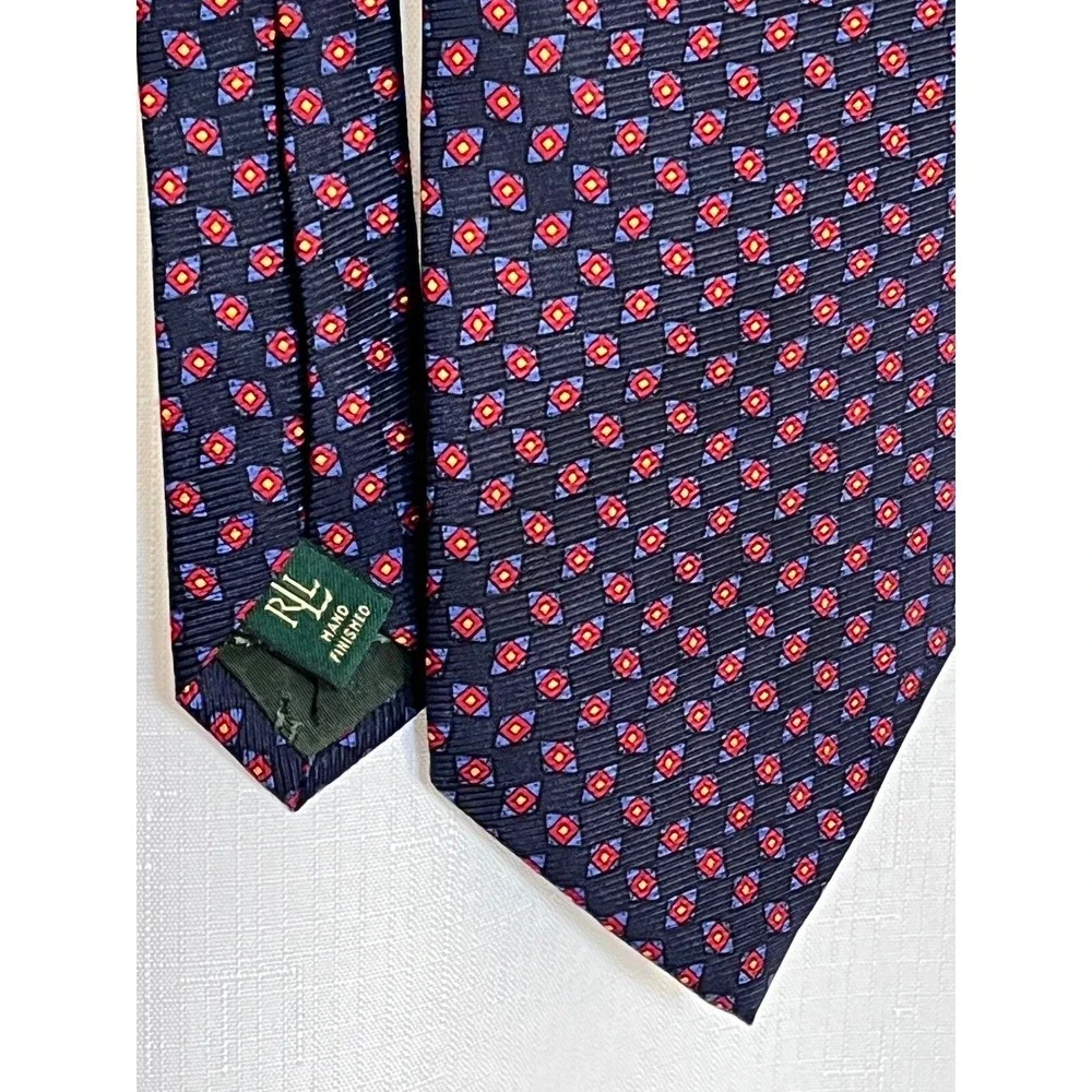 Lauren Ralph Lauren Necktie Geometric Pattern Silk Navy and Red